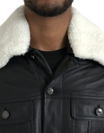 Dolce &amp; Gabbana Chaqueta estilo motero con cuello de piel de cuero negro