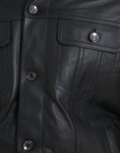 Dolce &amp; Gabbana Chaqueta estilo motero con cuello de piel de cuero negro