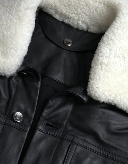 Dolce &amp; Gabbana Chaqueta estilo motero con cuello de piel de cuero negro