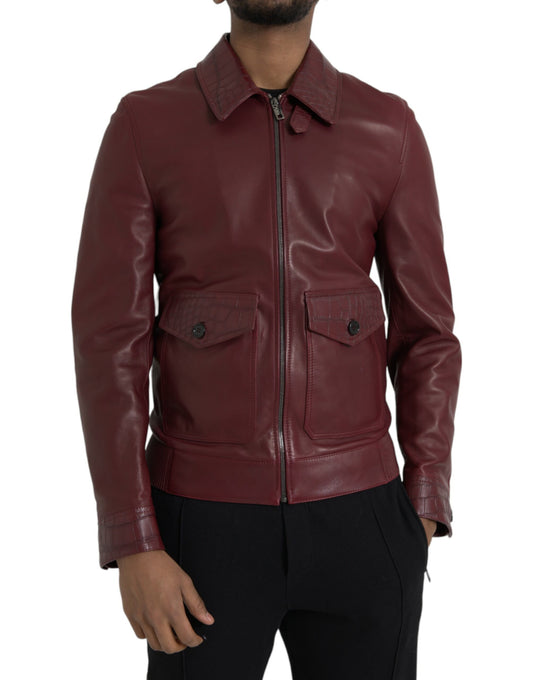 Dolce &amp; Gabbana Chaqueta motera con cremallera de cuero exótico granate