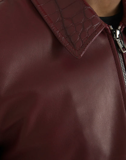 Dolce &amp; Gabbana Chaqueta motera con cremallera de cuero exótico granate