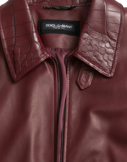 Dolce &amp; Gabbana Chaqueta motera con cremallera de cuero exótico granate