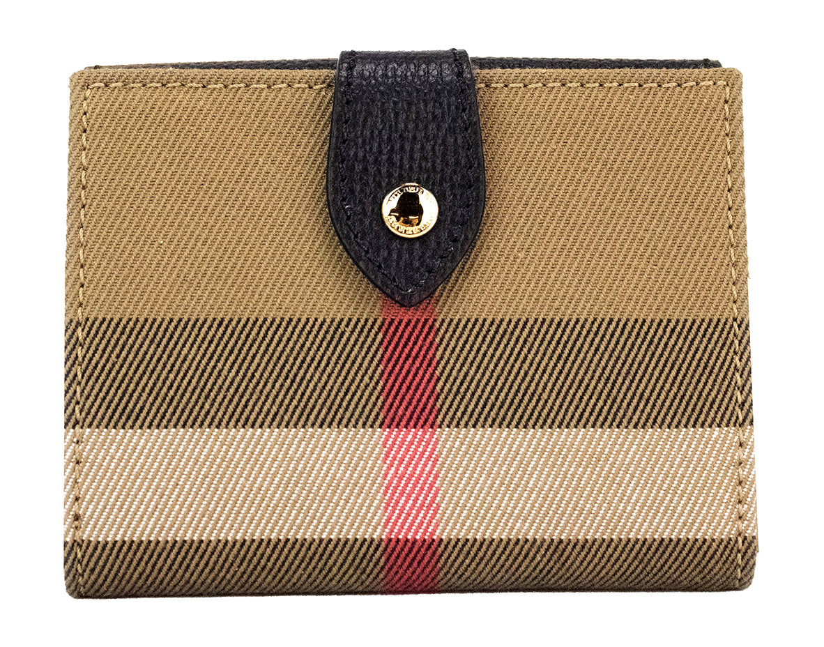 Burberry Luna Black Grained Leather House Check Canvas Coin Pouch Snap Wallet – par Burberry | Disponible sur Sandy Store ByNet