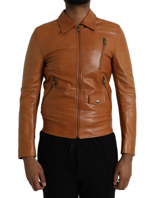 Dolce &amp; Gabbana Chaqueta tipo cazadora con cremallera completa de piel de cordero marrón