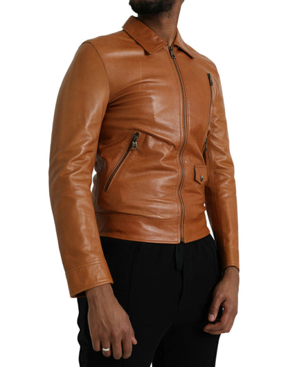 Dolce &amp; Gabbana Chaqueta tipo cazadora con cremallera completa de piel de cordero marrón
