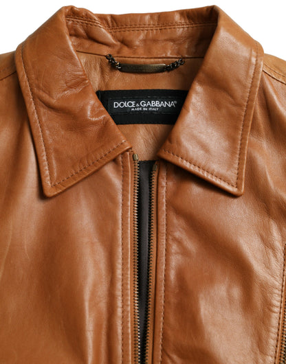 Dolce &amp; Gabbana Chaqueta tipo cazadora con cremallera completa de piel de cordero marrón