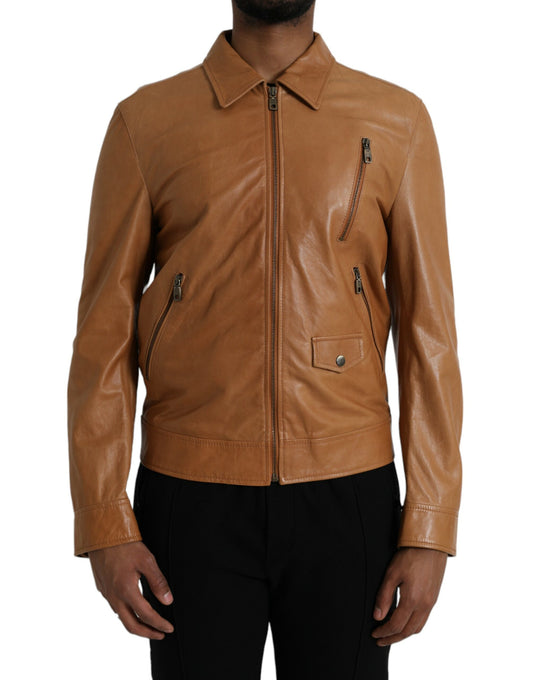 Dolce &amp; Gabbana Chaqueta tipo cazadora con cremallera completa de piel de cordero marrón