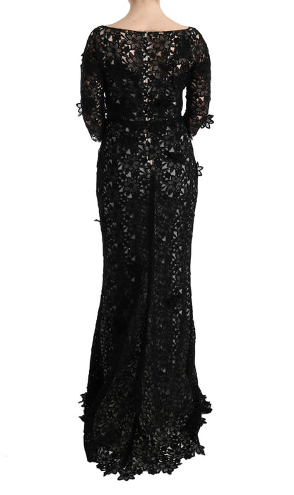 Dolce &amp; Gabbana Elegante vestido recto largo negro con apliques florales