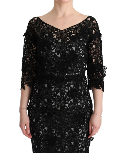 Dolce &amp; Gabbana Elegante vestido recto largo negro con apliques florales