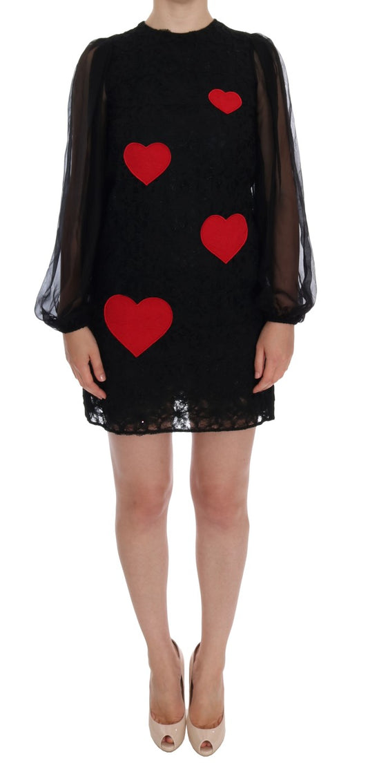 Dolce &amp; Gabbana Elegante vestido recto con apliques de corazón de encaje negro