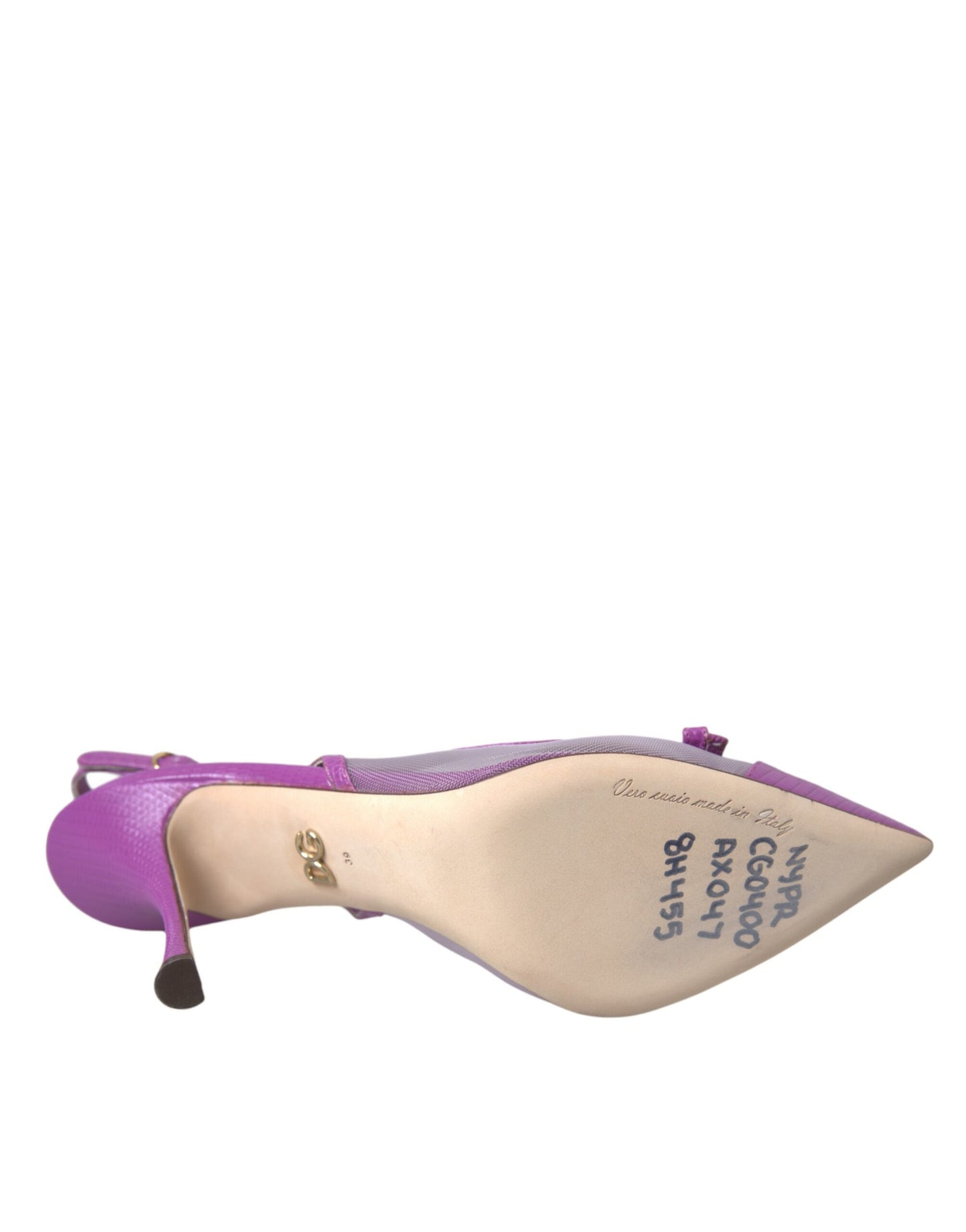 Dolce &amp; Gabbana Zapatos de tacón alto de malla de cuero morado con tira trasera