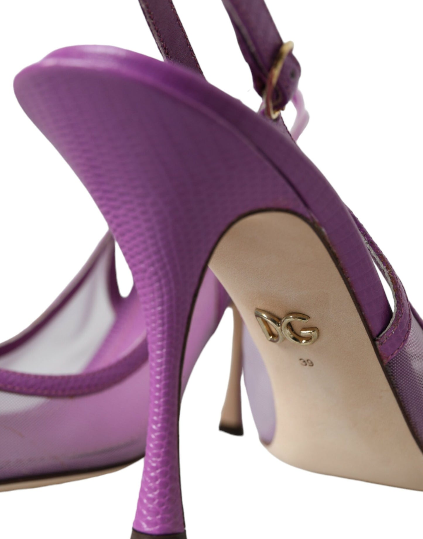 Dolce &amp; Gabbana Zapatos de tacón alto de malla de cuero morado con tira trasera