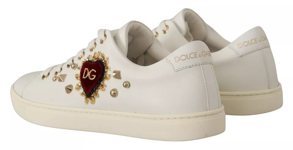 Dolce &amp; Gabbana Zapatillas De Deporte De Corazón Rojo Dorado De Cuero Blanco Zapatos