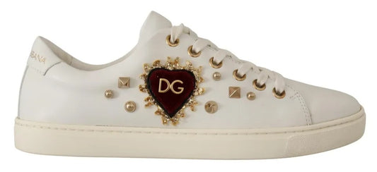 Dolce &amp; Gabbana Zapatillas De Deporte De Corazón Rojo Dorado De Cuero Blanco Zapatos