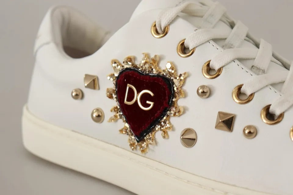 Dolce &amp; Gabbana Zapatillas De Deporte De Corazón Rojo Dorado De Cuero Blanco Zapatos