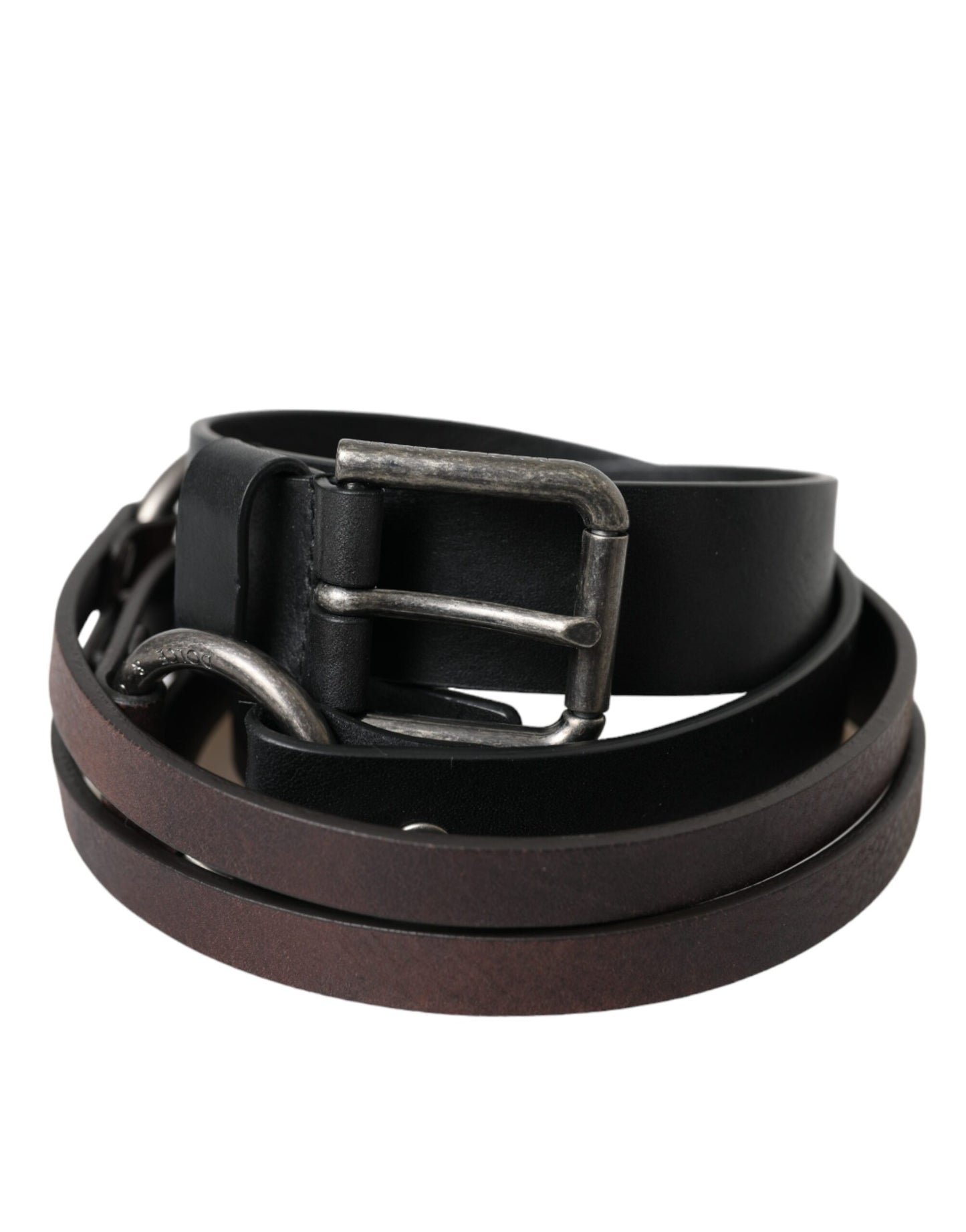 Dolce &amp; Gabbana Cinturón con hebilla de metal plateado de cuero marrón negro