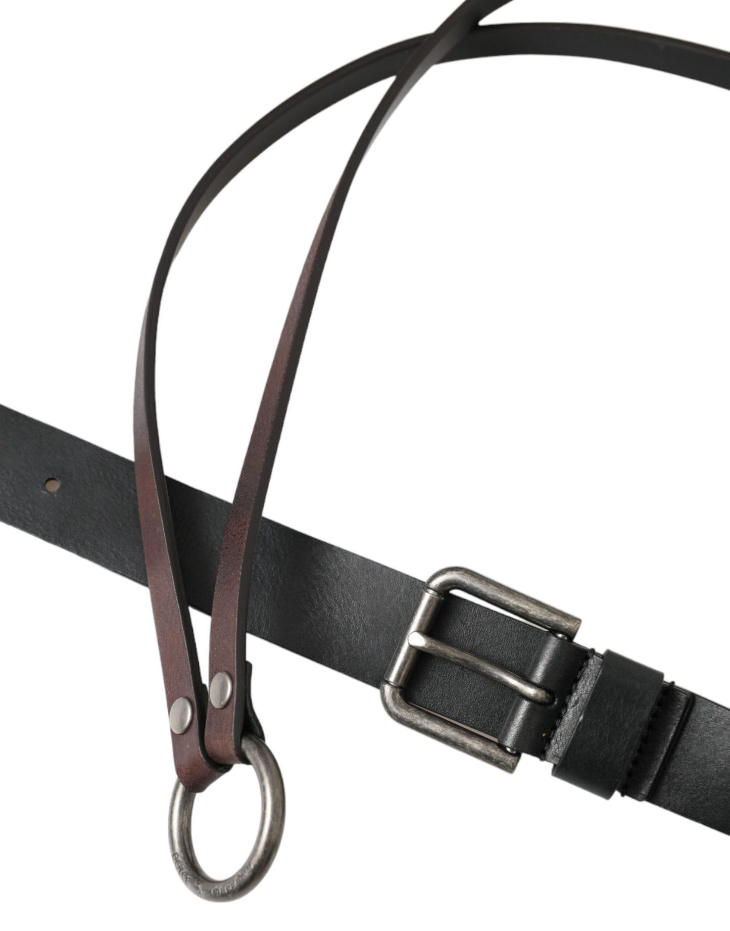 Dolce &amp; Gabbana Cinturón con hebilla de metal plateado de cuero marrón negro