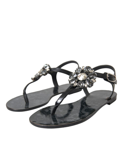 Dolce &amp; Gabbana Sandalias planas con cristales negros Chanclas Zapatos