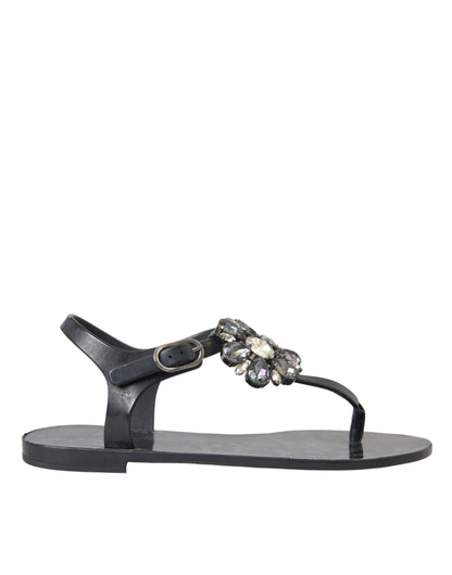 Dolce &amp; Gabbana Sandalias planas con cristales negros Chanclas Zapatos