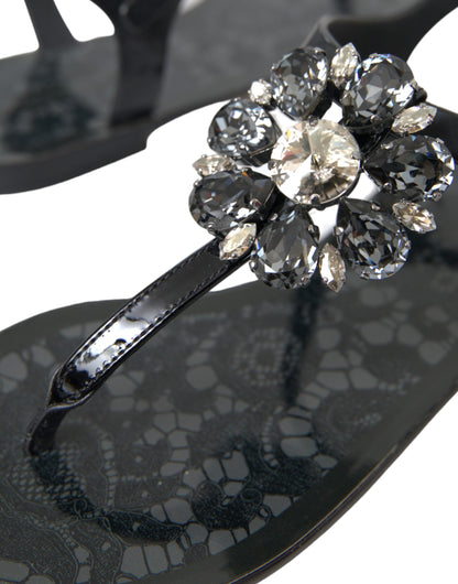 Dolce &amp; Gabbana Sandalias planas con cristales negros Chanclas Zapatos