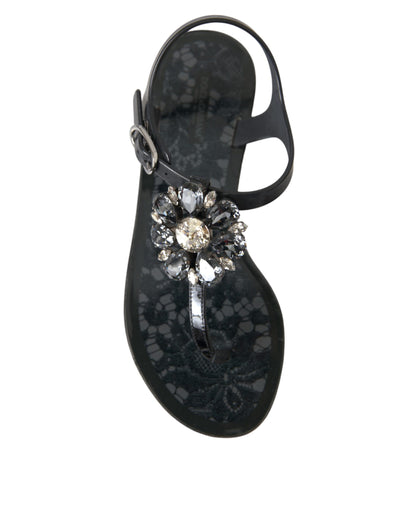 Dolce &amp; Gabbana Sandalias planas con cristales negros Chanclas Zapatos