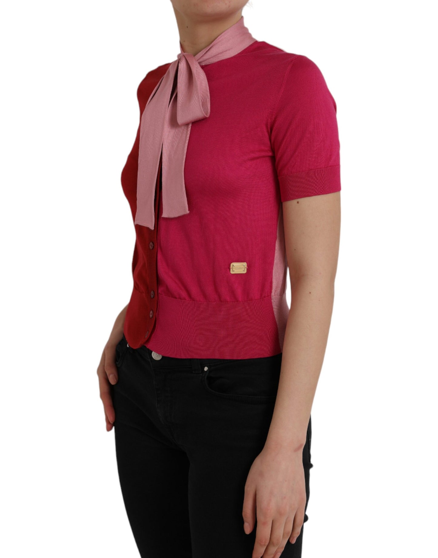 Dolce &amp; Gabbana Pink Short Sleeves Pullover Ascot Collar Top