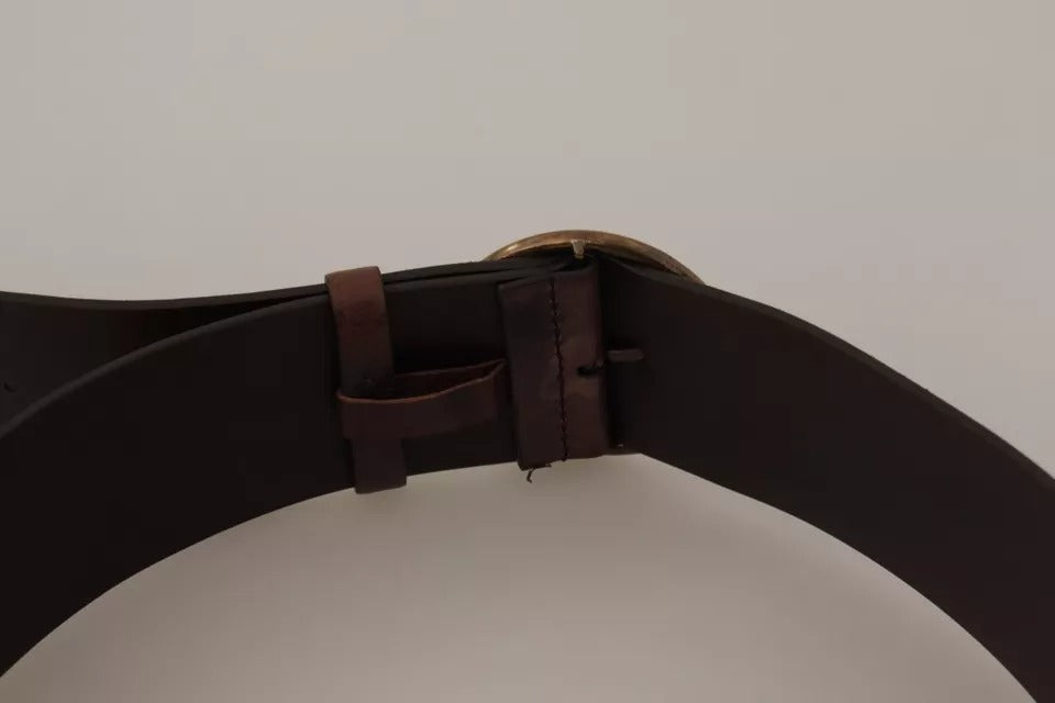 Ceinture à boucle ronde en cuir de veau marron foncé Dolce &amp; Gabbana avec logo