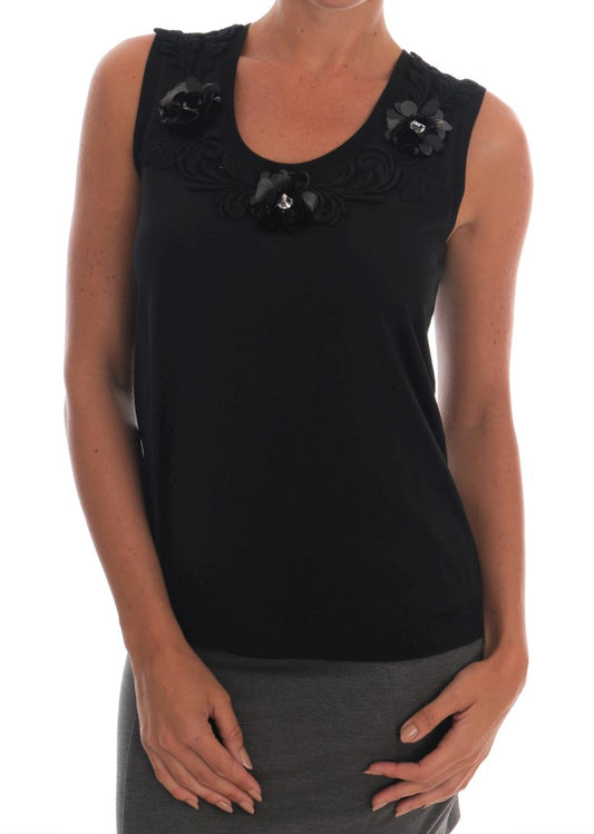 Dolce &amp; Gabbana Black Floral Sequined Cami Blouse