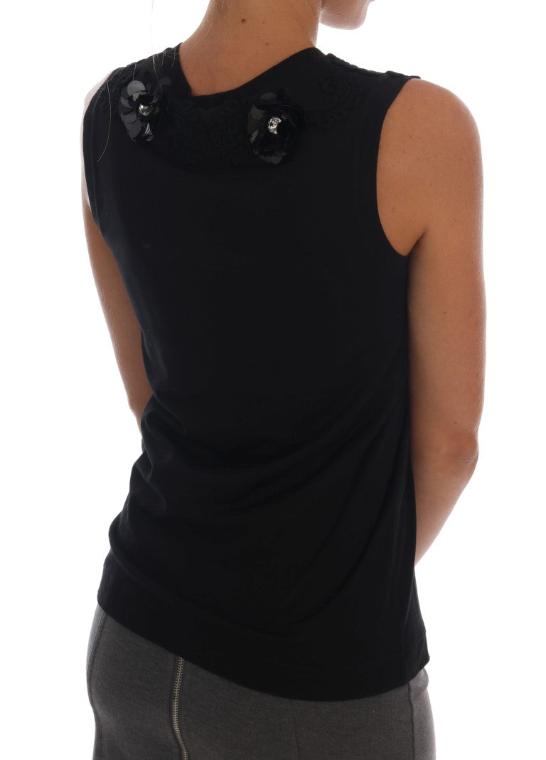 Dolce &amp; Gabbana Black Floral Sequined Cami Blouse