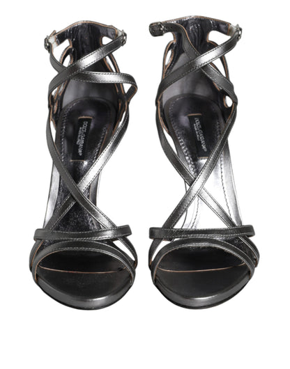 Dolce &amp; Gabbana Zapatos plateados con sandalias de tacón de cuero Keira