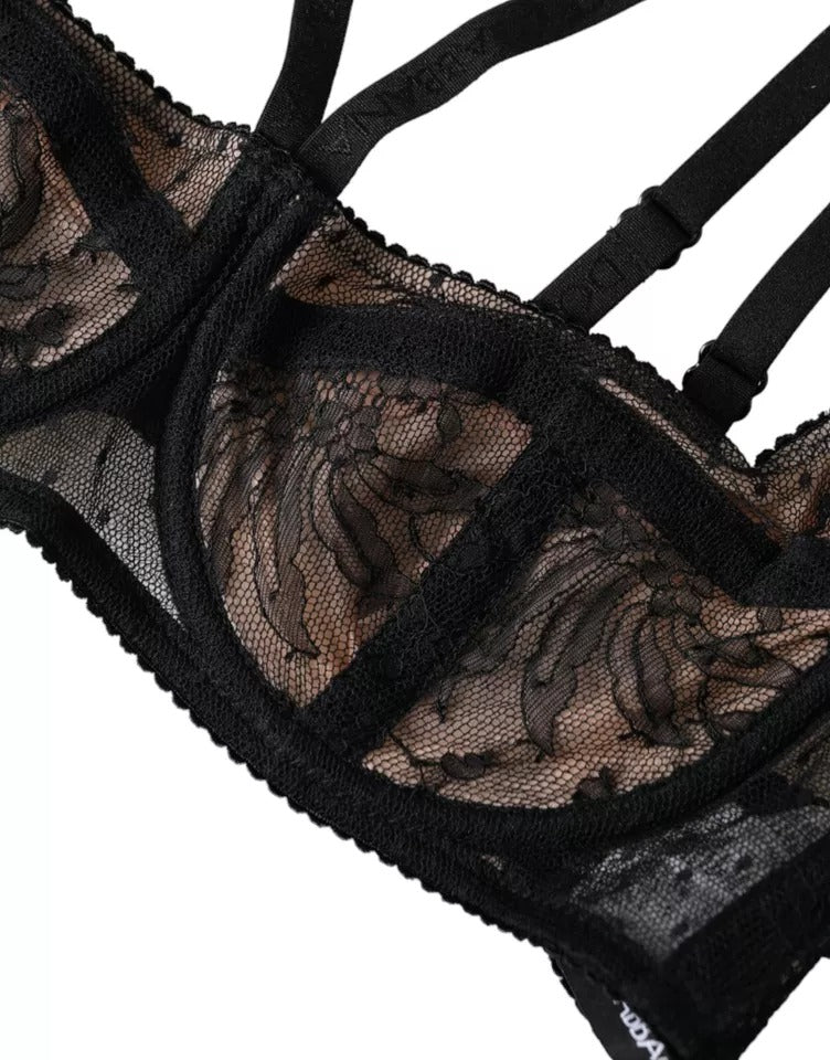 Soutien-gorge balconnet en nylon et dentelle florale noire Dolce &amp; Gabbana