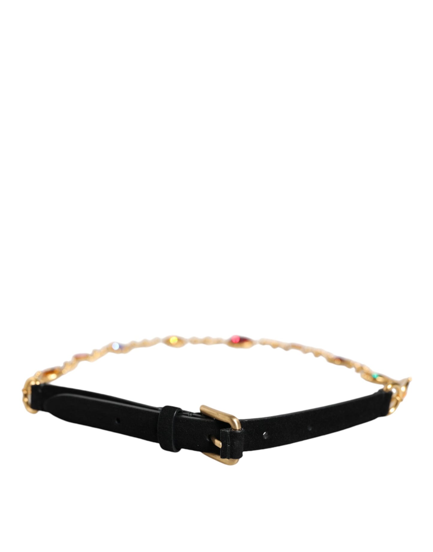 Ceinture Dolce &amp; Gabbana en cuir noir et laiton doré avec chaîne et cristaux