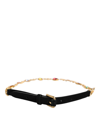 Ceinture Dolce &amp; Gabbana en cuir noir et laiton doré avec chaîne et cristaux