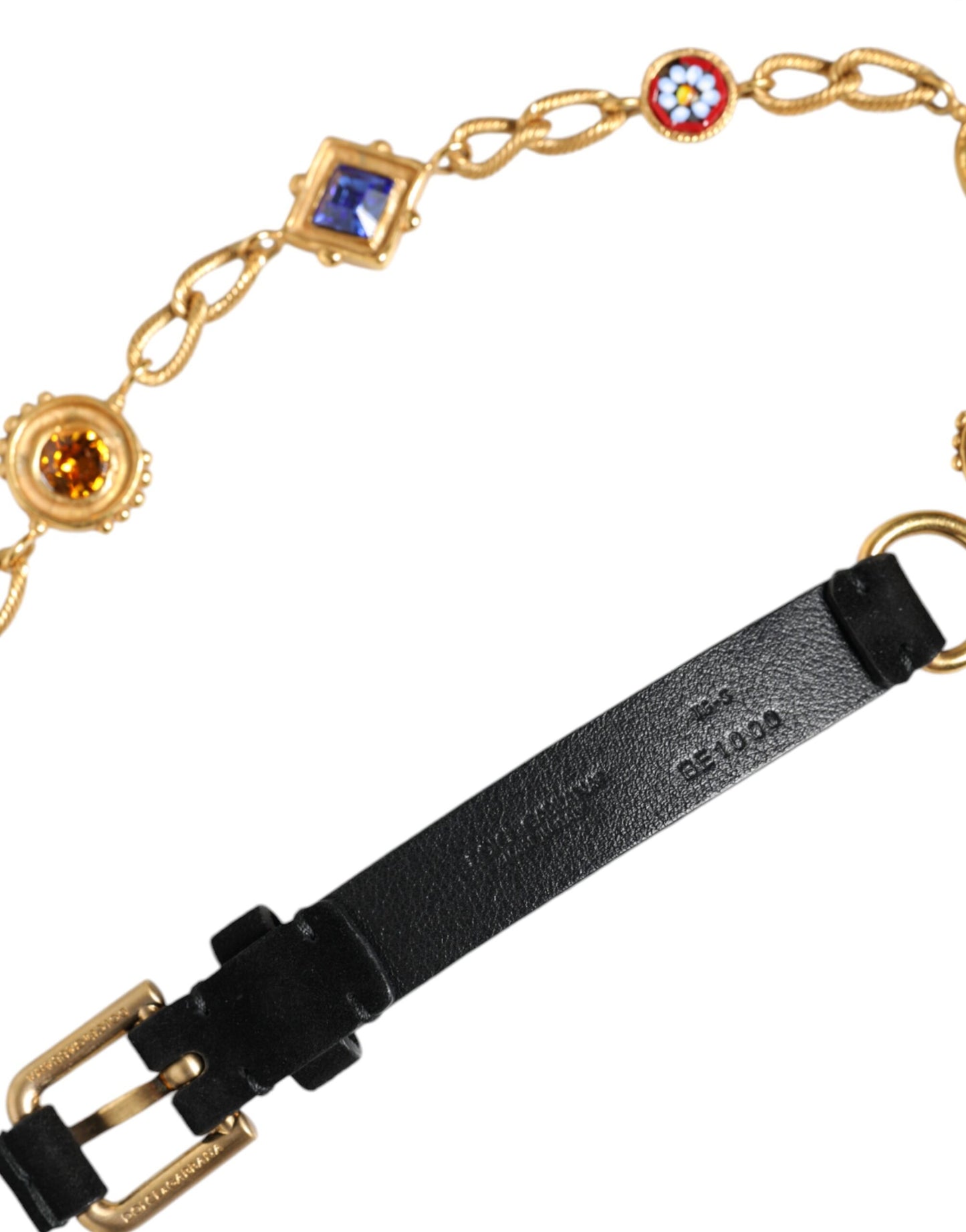 Ceinture Dolce &amp; Gabbana en cuir noir et laiton doré avec chaîne et cristaux