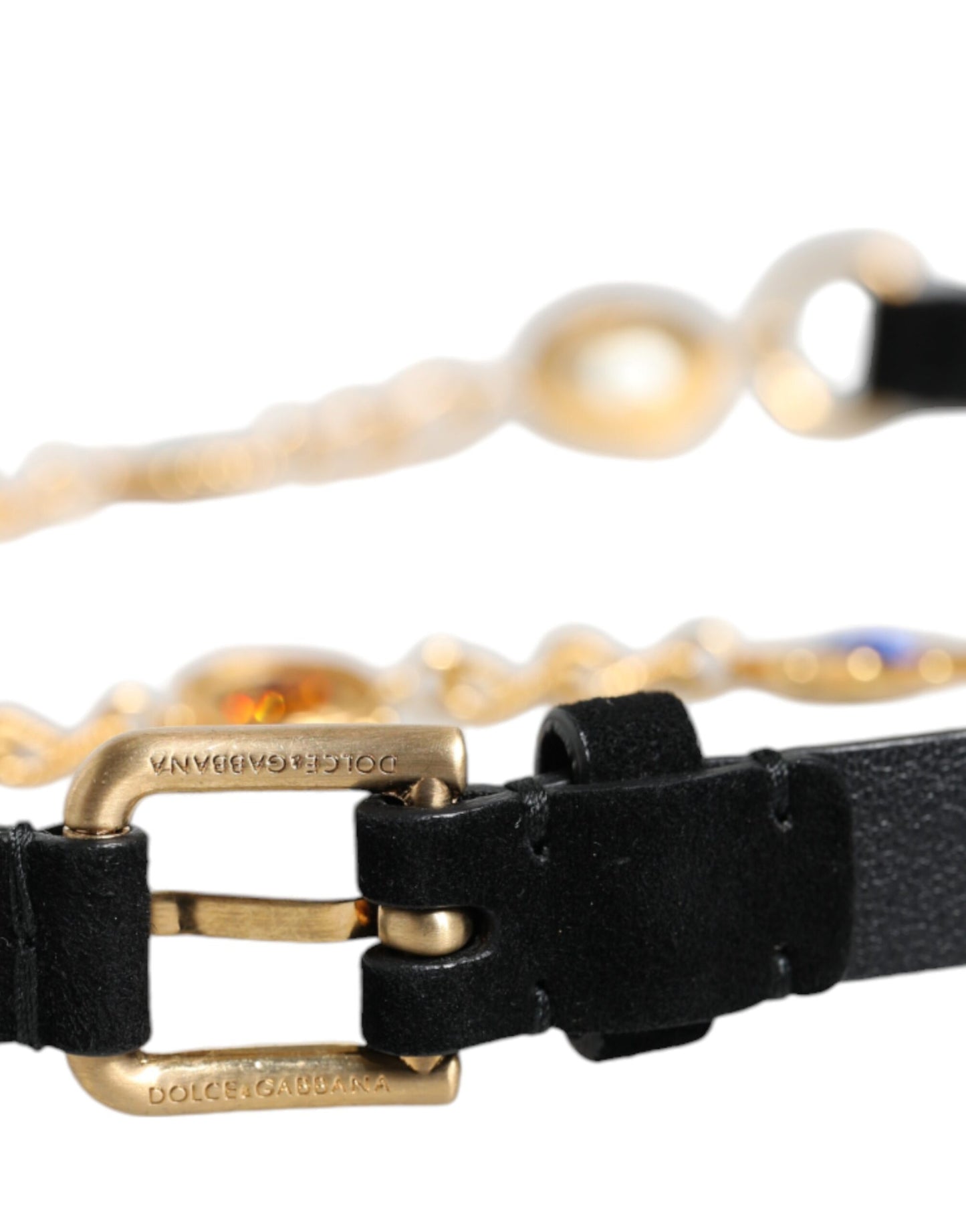 Ceinture Dolce &amp; Gabbana en cuir noir et laiton doré avec chaîne et cristaux