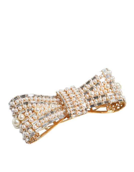 Dolce &amp; Gabbana Gold Tone Brass Bow Crystal FauxPearl Embellished Brooch