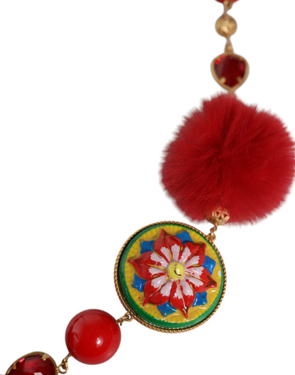 Ceinture Torero Dolce &amp; Gabbana en laiton doré et fourrure rouge avec cristaux