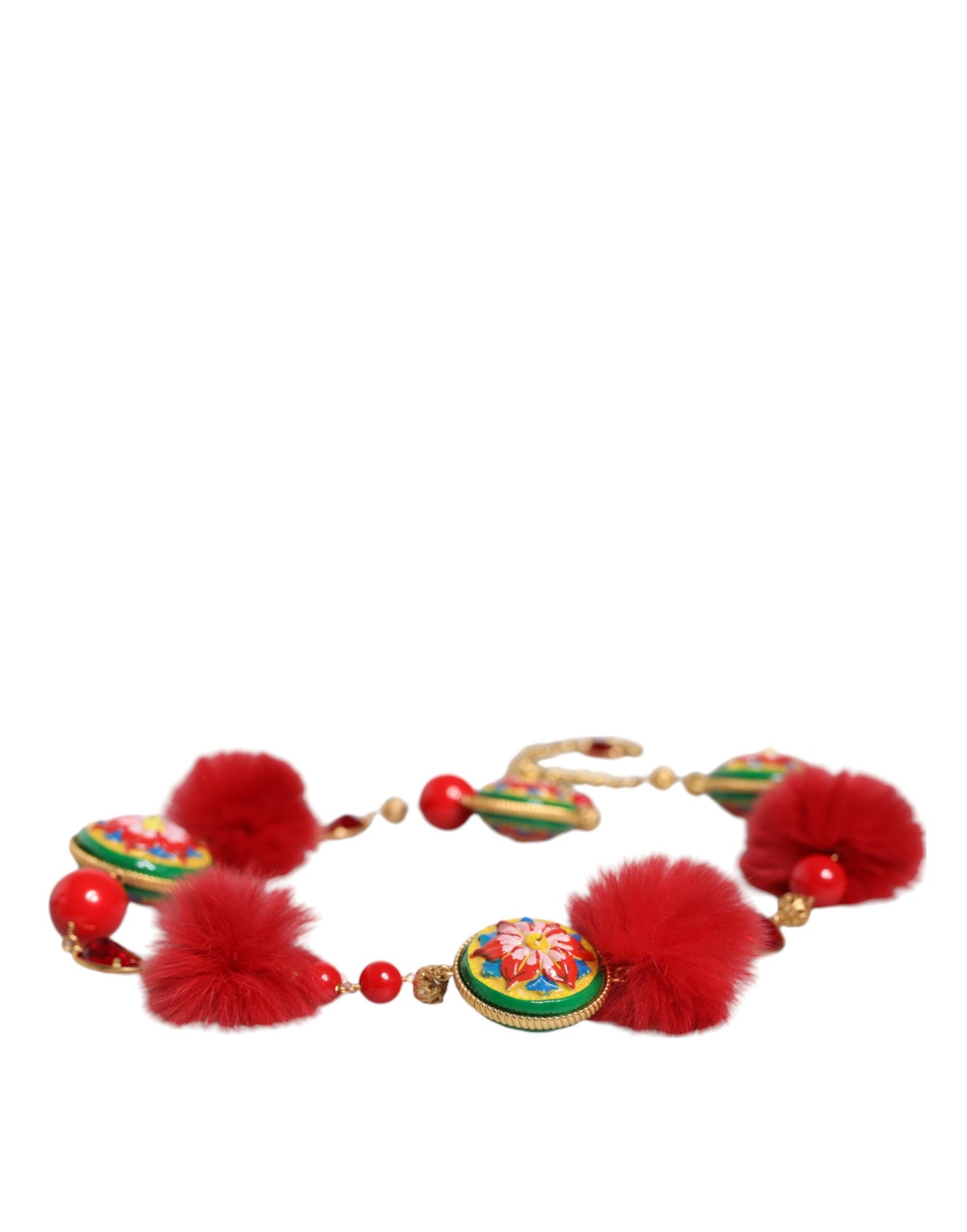 Ceinture Torero Dolce &amp; Gabbana en laiton doré et fourrure rouge avec cristaux