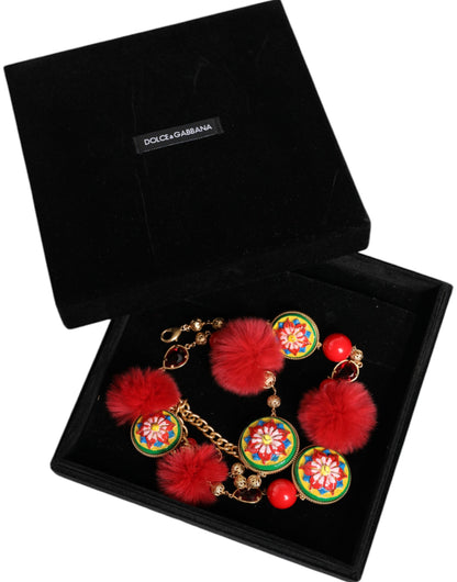 Ceinture Torero Dolce &amp; Gabbana en laiton doré et fourrure rouge avec cristaux