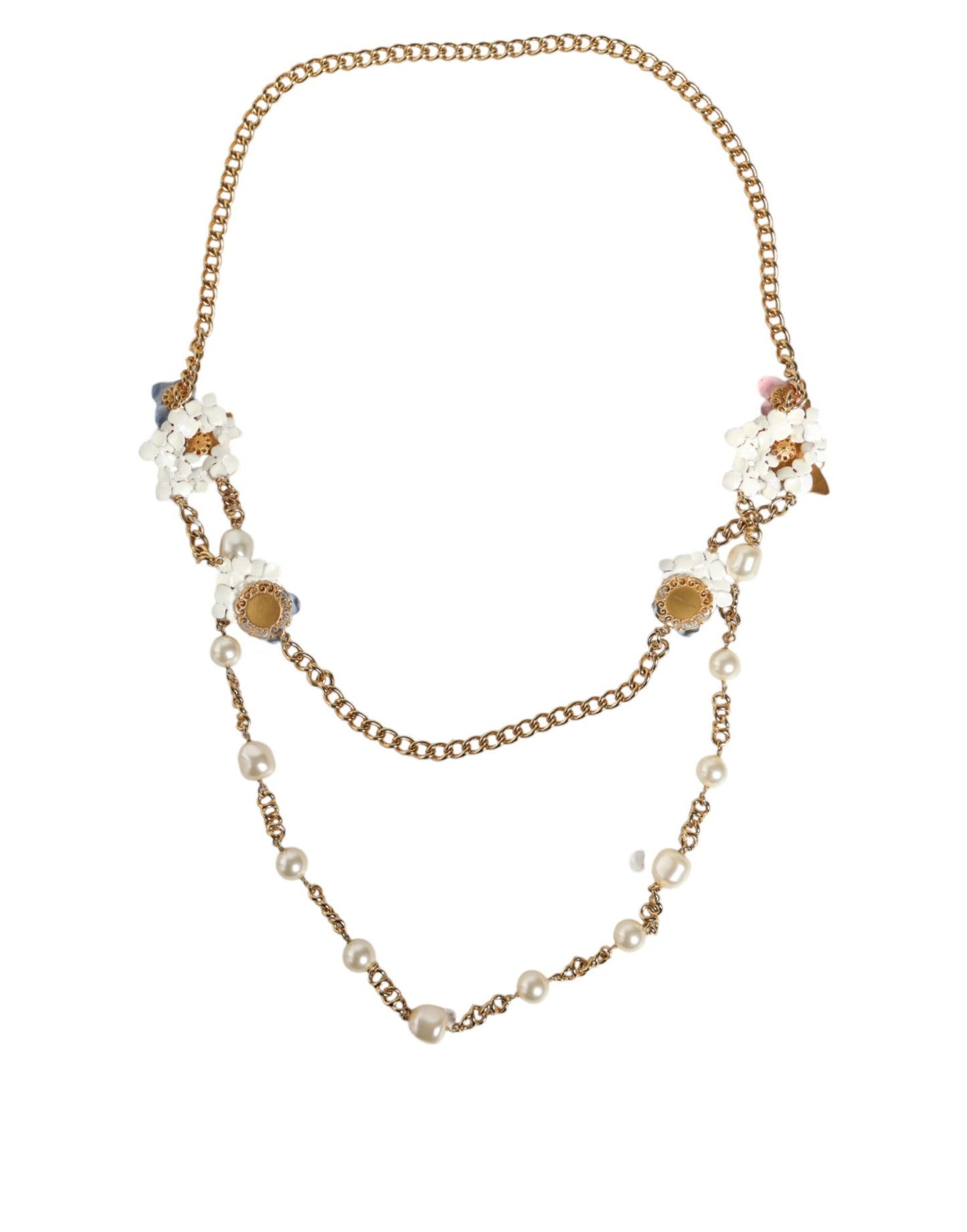 Dolce &amp; Gabbana Gold Chain Brass Floral Layered Crystal Pearl Necklace