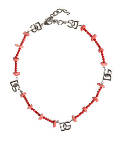 Collier Dolce &amp; Gabbana en laiton argenté avec perles et résine et logo DG