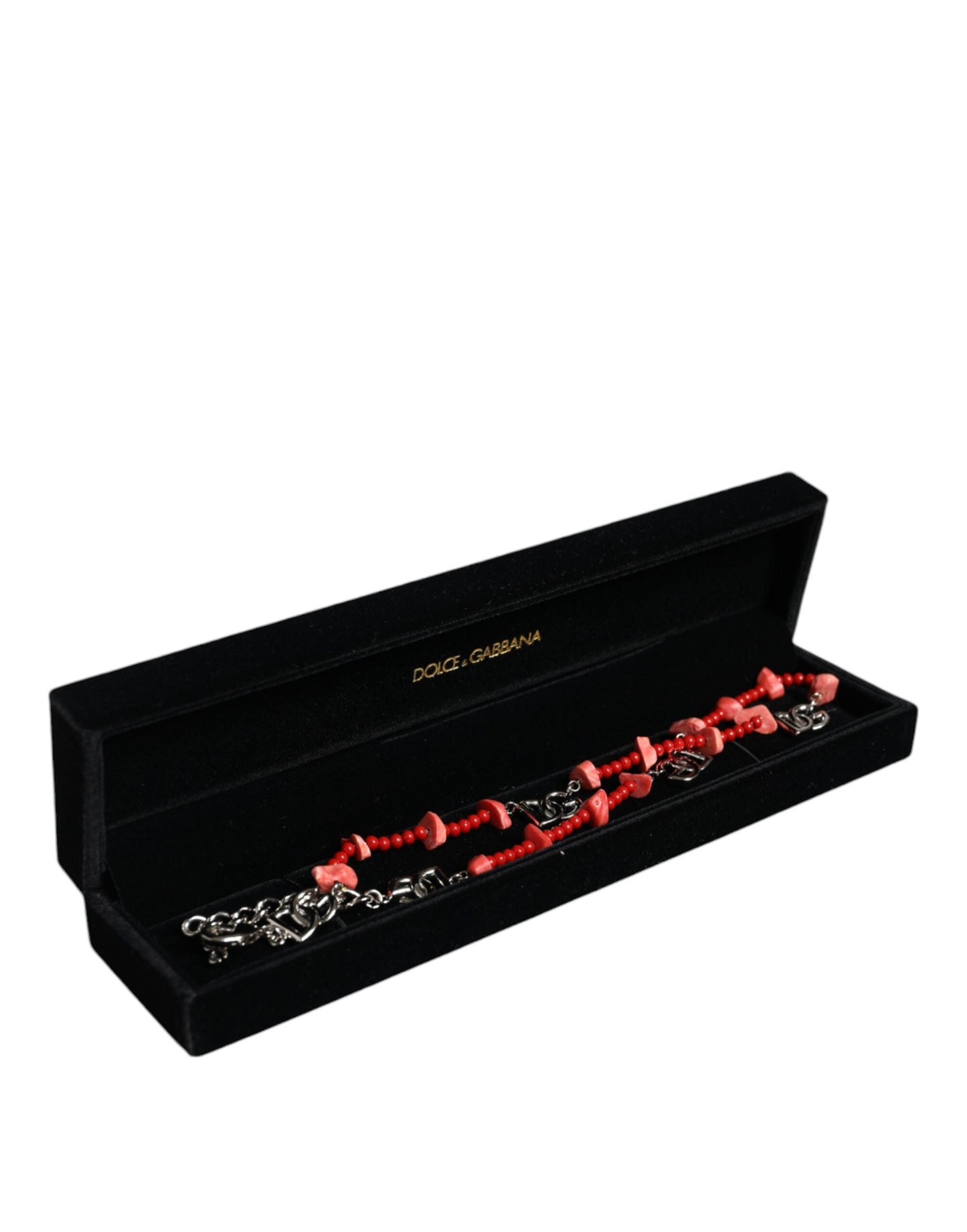 Collier Dolce &amp; Gabbana en laiton argenté avec perles et résine et logo DG