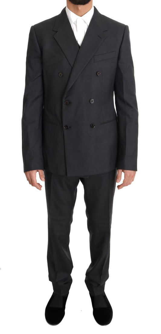 Dolce &amp; Gabbana Elegante traje gris de seda y lana con doble botonadura