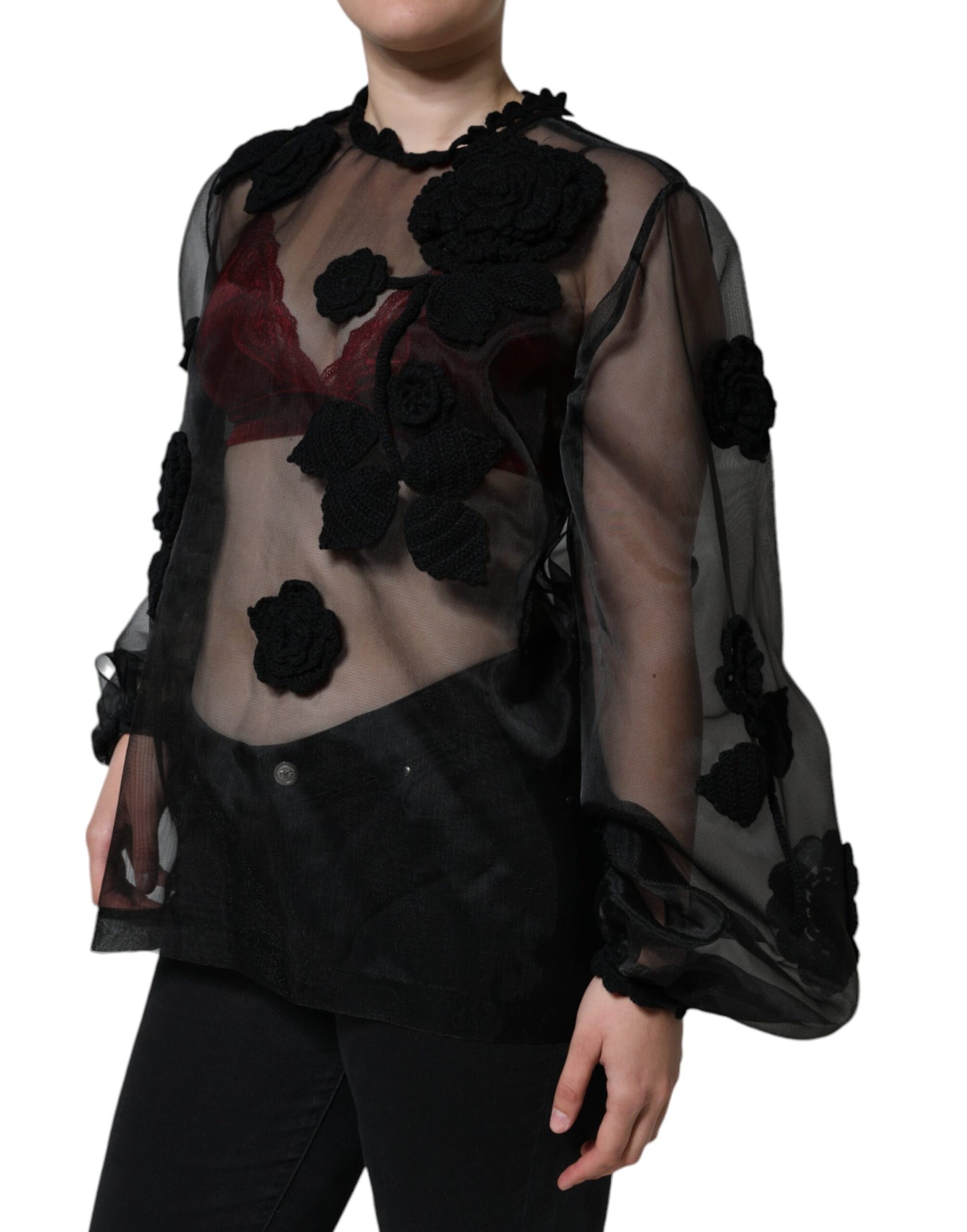 Dolce &amp; Gabbana Black Nylon Mesh Transparent Floral Blouse