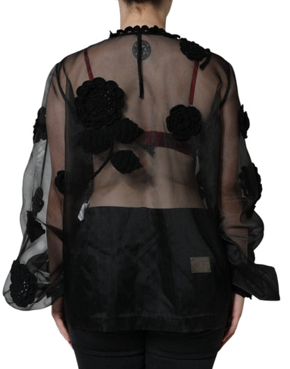 Dolce &amp; Gabbana Black Nylon Mesh Transparent Floral Blouse