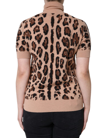 Dolce &amp; Gabbana Top de cuello alto de lana con estampado de leopardo beige
