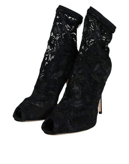 Dolce &amp; Gabbana Zapatos con botas a media pantorrilla y tacones elásticos de encaje negro