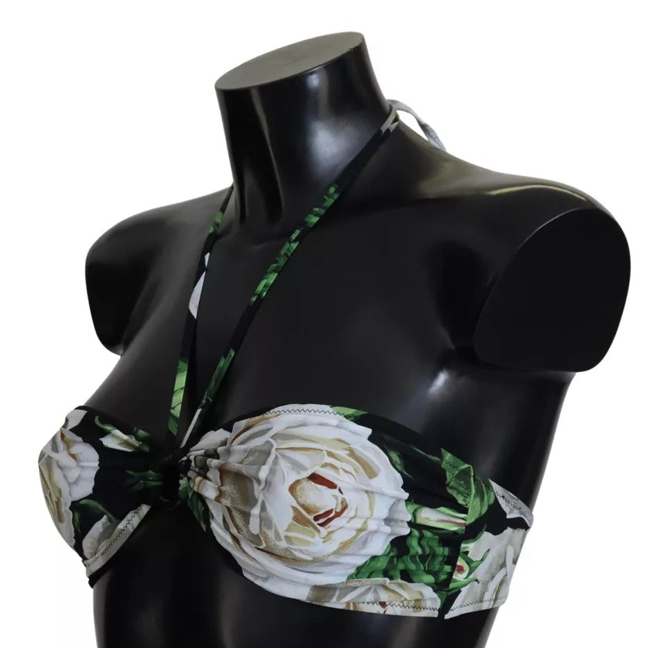 Dolce &amp; Gabbana Black Floral Halter Beachwear Swimwear Bikini Top