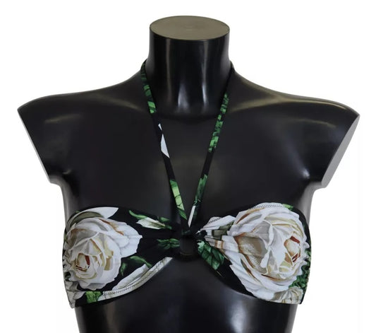 Dolce &amp; Gabbana Black Floral Halter Beachwear Swimwear Bikini Top