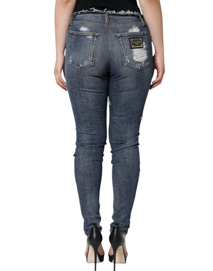 Dolce &amp; Gabbana Blue Cotton Stretch Tattered Skinny Jeans
